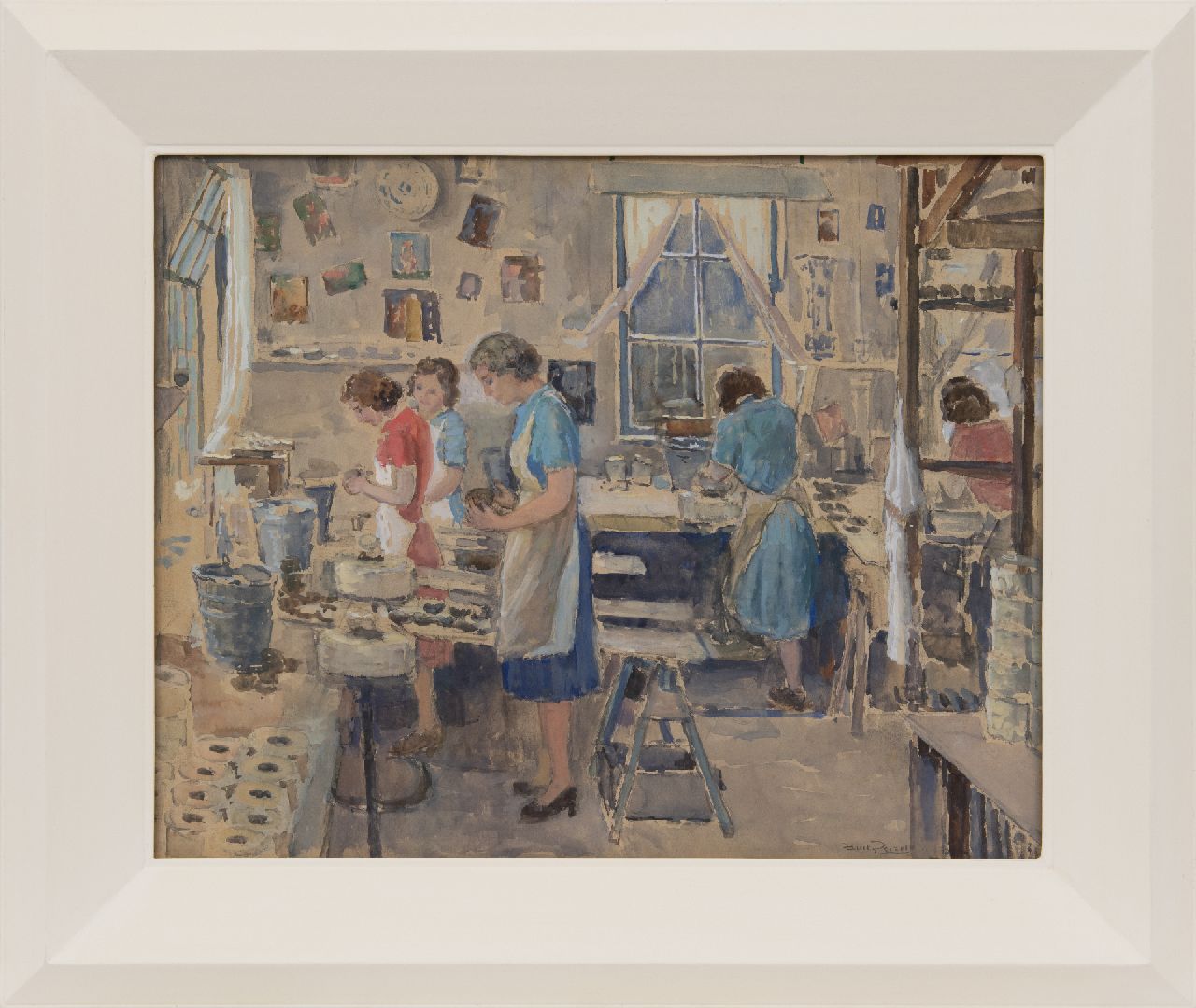 Peizel B.  | Bartele 'Bart' Peizel | Watercolours and drawings offered for sale | Polishing cups in the factory Royal Goedewaagen, Gouda, watercolour on paper laid down on board 39.5 x 49.2 cm, signed l.r.