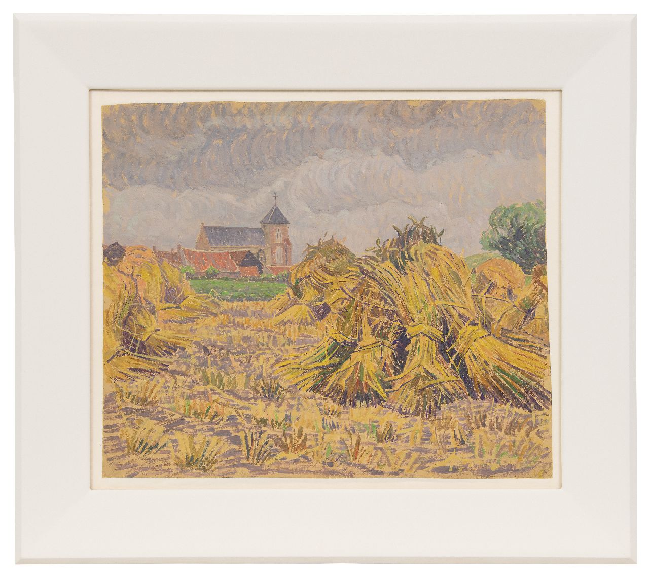 Pijpers E.E.  | 'Edith' Elizabeth Pijpers | Paintings offered for sale | A village church betweencornfields, oil on paper 38.1 x 48.5 cm