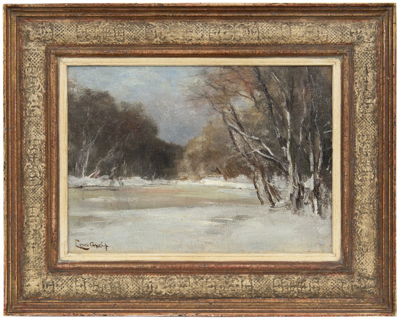 Apol L.F.H.  | Lodewijk Franciscus Hendrik 'Louis' Apol, A snowy forest pond, oil on canvas laid down on panel 25.6 x 35.8 cm, signed l.l.