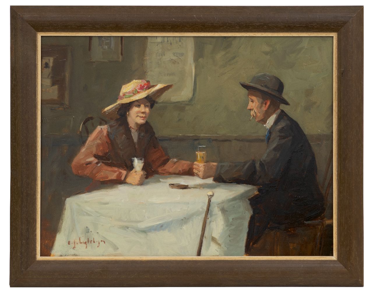 Ligtelijn E.J.  | Evert Jan Ligtelijn, Man and woman in a café, oil on panel 34.9 x 46.8 cm, signed l.l.