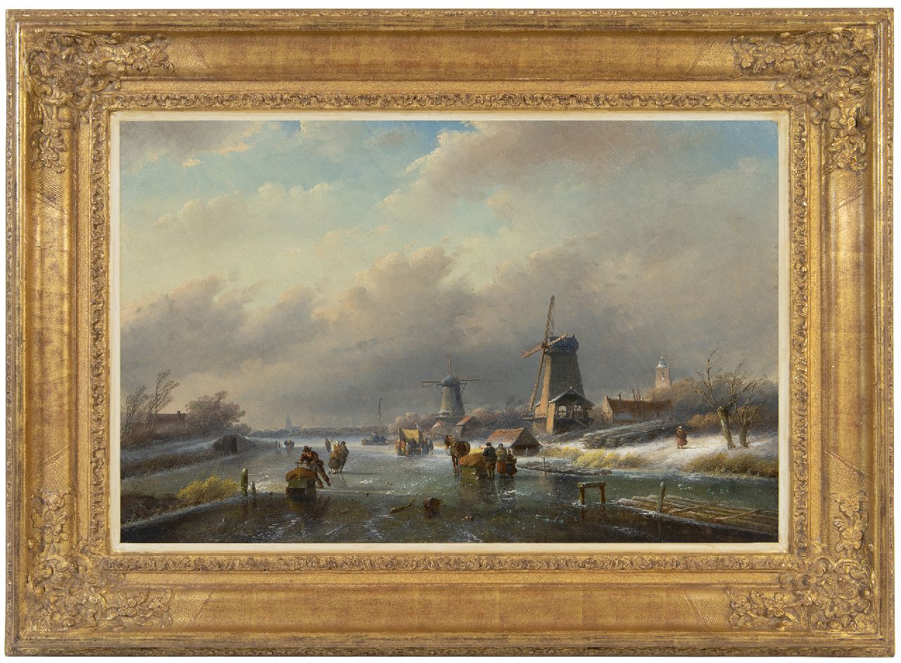 Spohler J.J.  | Jan Jacob Spohler | Paintings offered for sale | Winterlandscape with skaters near wood sawmills, oil on panel 40.5 x 62.9 cm, signed l.l.