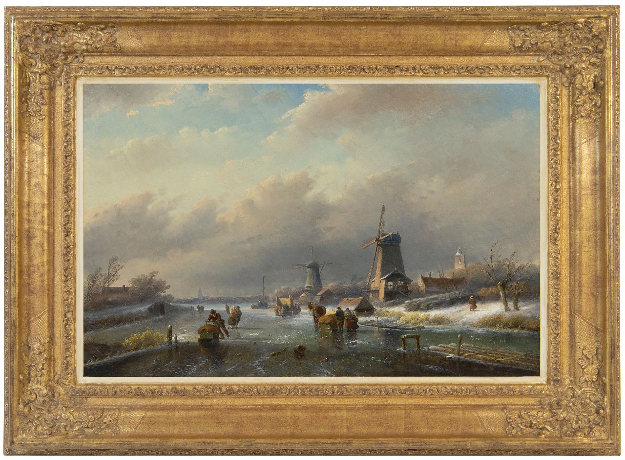 Spohler J.J.  | Jan Jacob Spohler | Paintings offered for sale | Winterlandscape with skaters near wood sawmills, oil on panel 40.5 x 62.9 cm, signed l.l.