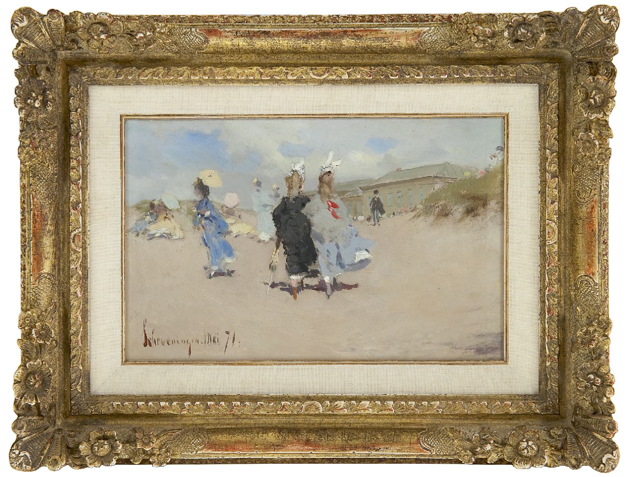 Kaemmerer F.H.  | Frederik Hendrik Kaemmerer, Elegant ladies at Scheveningen beach, oil on board 15.5 x 24.0 cm, signed l.l. and dated 'Scheveningen' Mai '71