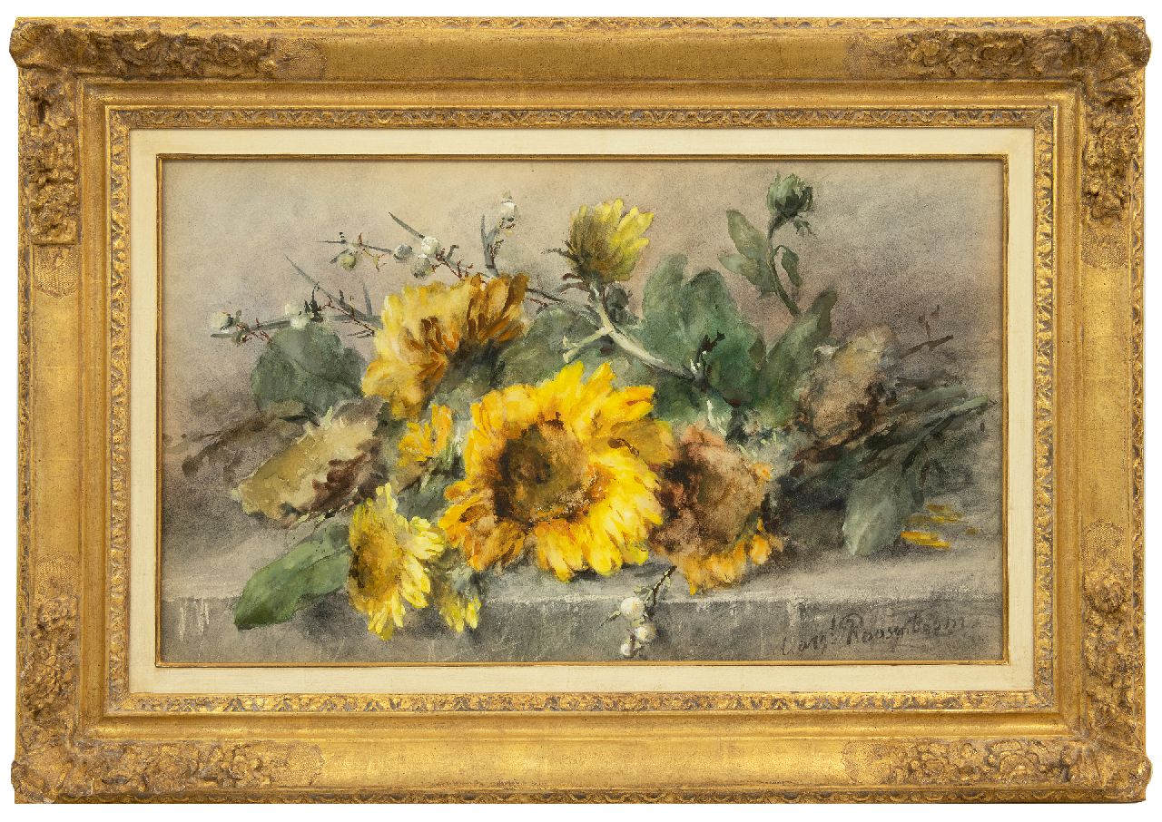 Roosenboom M.C.J.W.H.  | 'Margaretha' Cornelia Johanna Wilhelmina Henriëtta Roosenboom, Sunflowers on a stone ledge, watercolour on paper 44.3 x 74.8 cm, signed l.r.