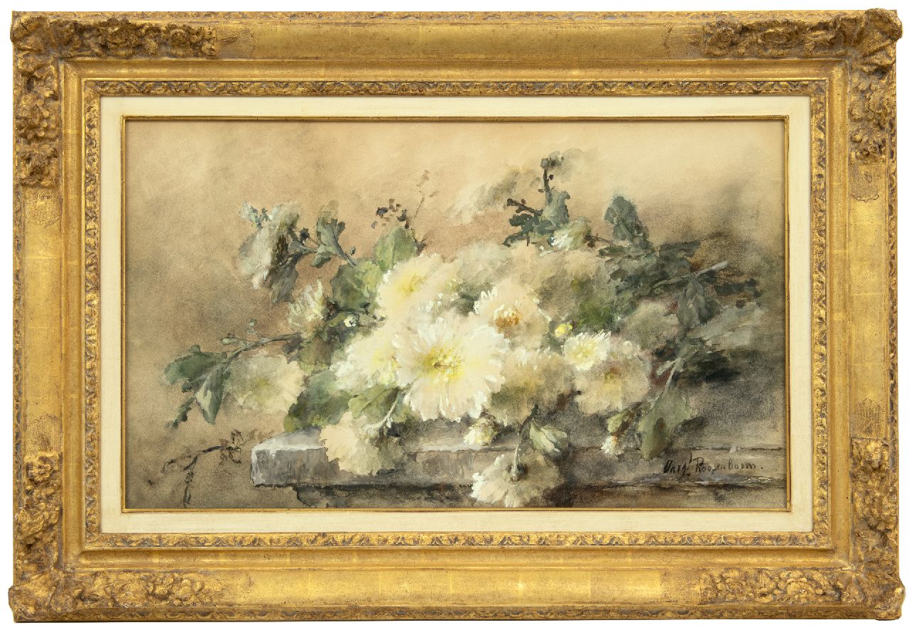 Roosenboom M.C.J.W.H.  | 'Margaretha' Cornelia Johanna Wilhelmina Henriëtta Roosenboom | Watercolours and drawings offered for sale | White chrysanthemums on a stone ledge, watercolour on paper 44.6 x 74.9 cm, signed l.r.