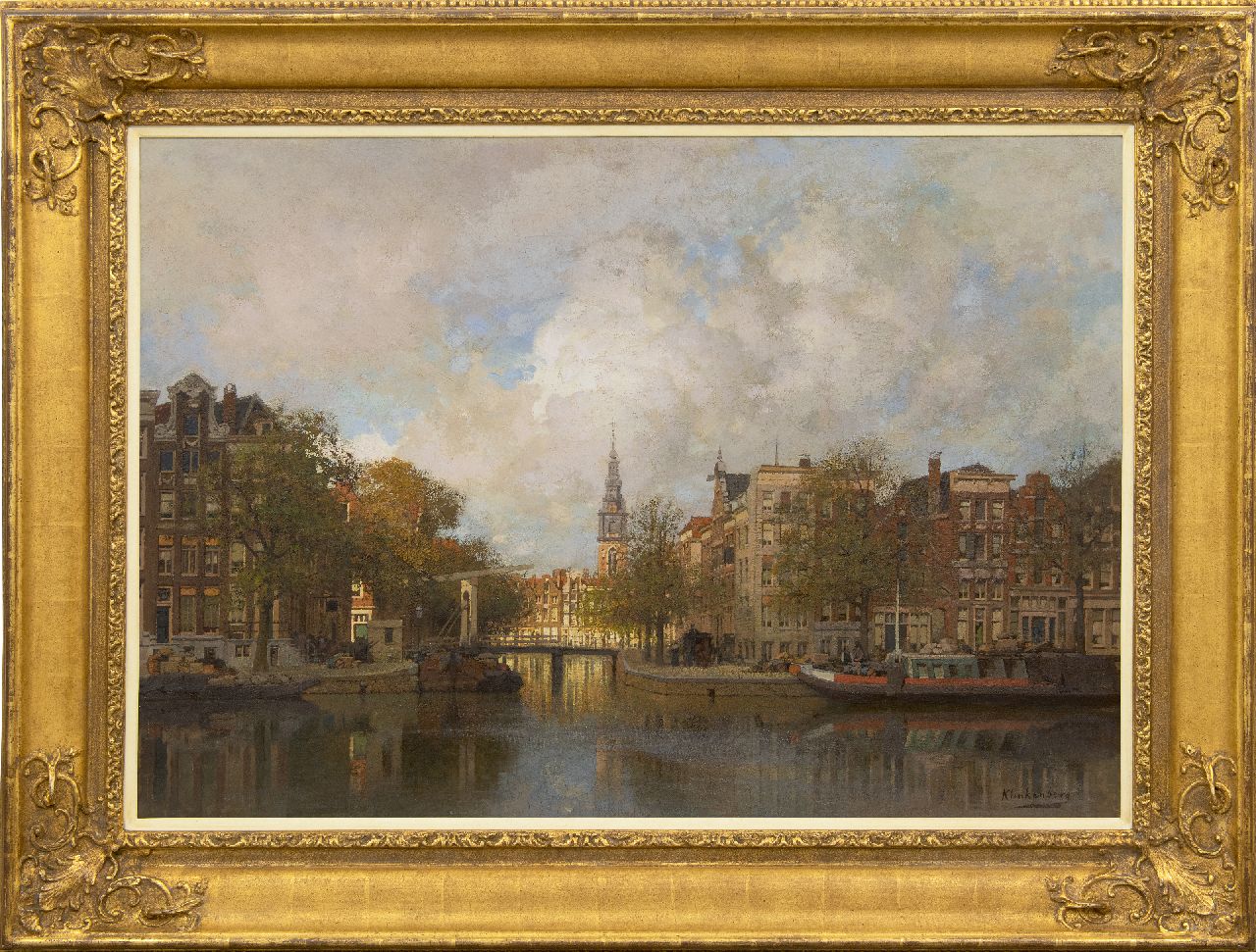 Klinkenberg J.C.K.  | Johannes Christiaan Karel Klinkenberg, A view of the Groenburgwal in Amsterdam and the Zuiderkerk, oil on canvas 70.1 x 100.0 cm, signed l.r.