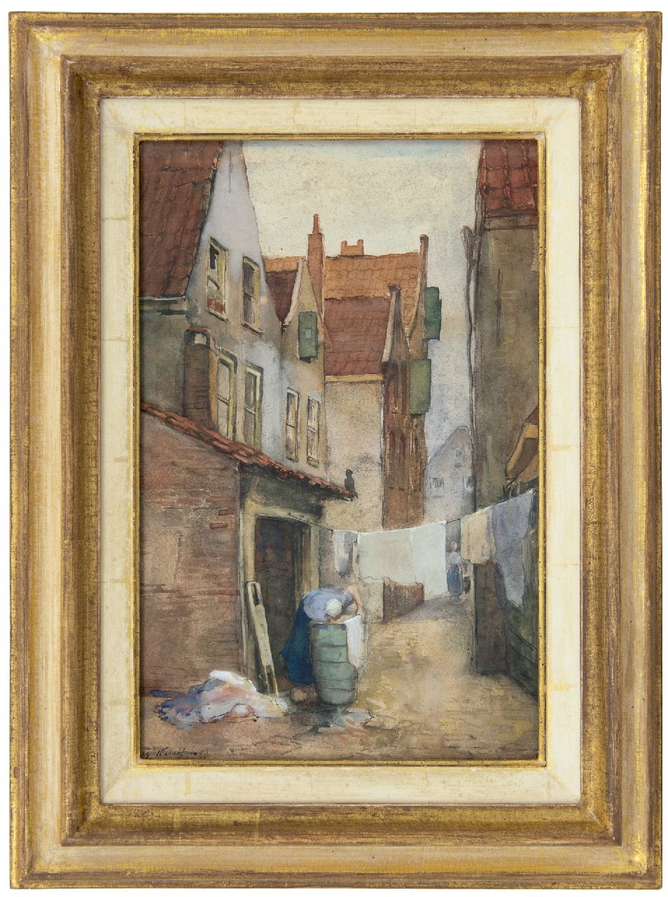 Breitner G.H.  | George Hendrik Breitner, Alley in Rotterdam with laundress, watercolour on paper 39.1 x 25.7 cm, signed l.l. and dated '80