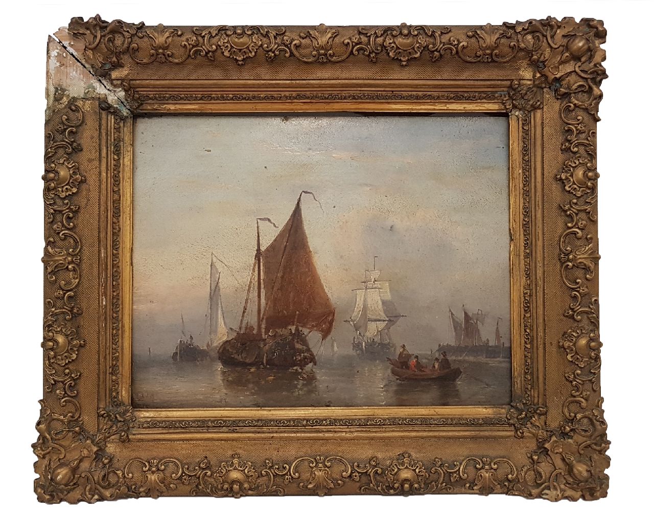 Opdenhoff G.W.  | Witzel 'George Willem' Opdenhoff, Shipping in a calm near a harbour, oil on panel 27.9 x 36.2 cm, signed l.l.