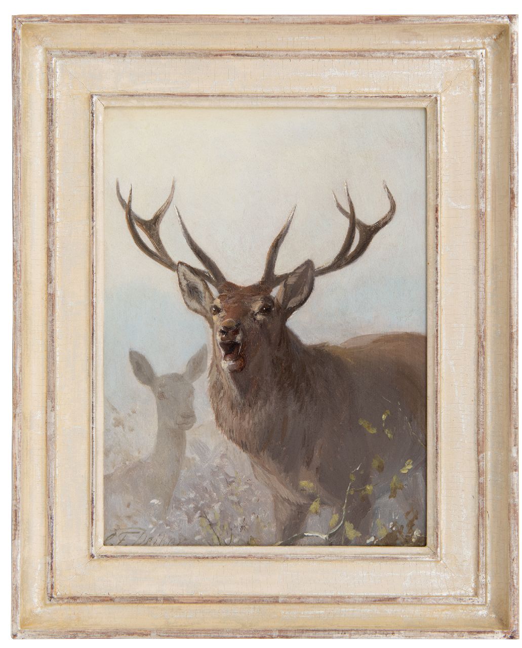 Deiker C.F.  | Carl Friedrich Deiker, Roaring stag, oil on panel 27.0 x 20.3 cm, signed l.l.