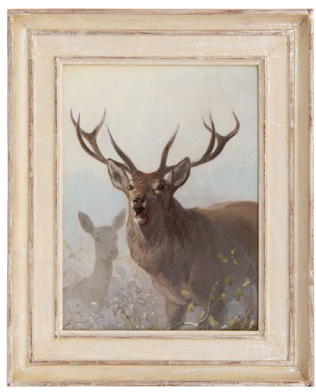 Deiker C.F.  | Carl Friedrich Deiker, Roaring stag, oil on panel 27.0 x 20.3 cm, signed l.l.
