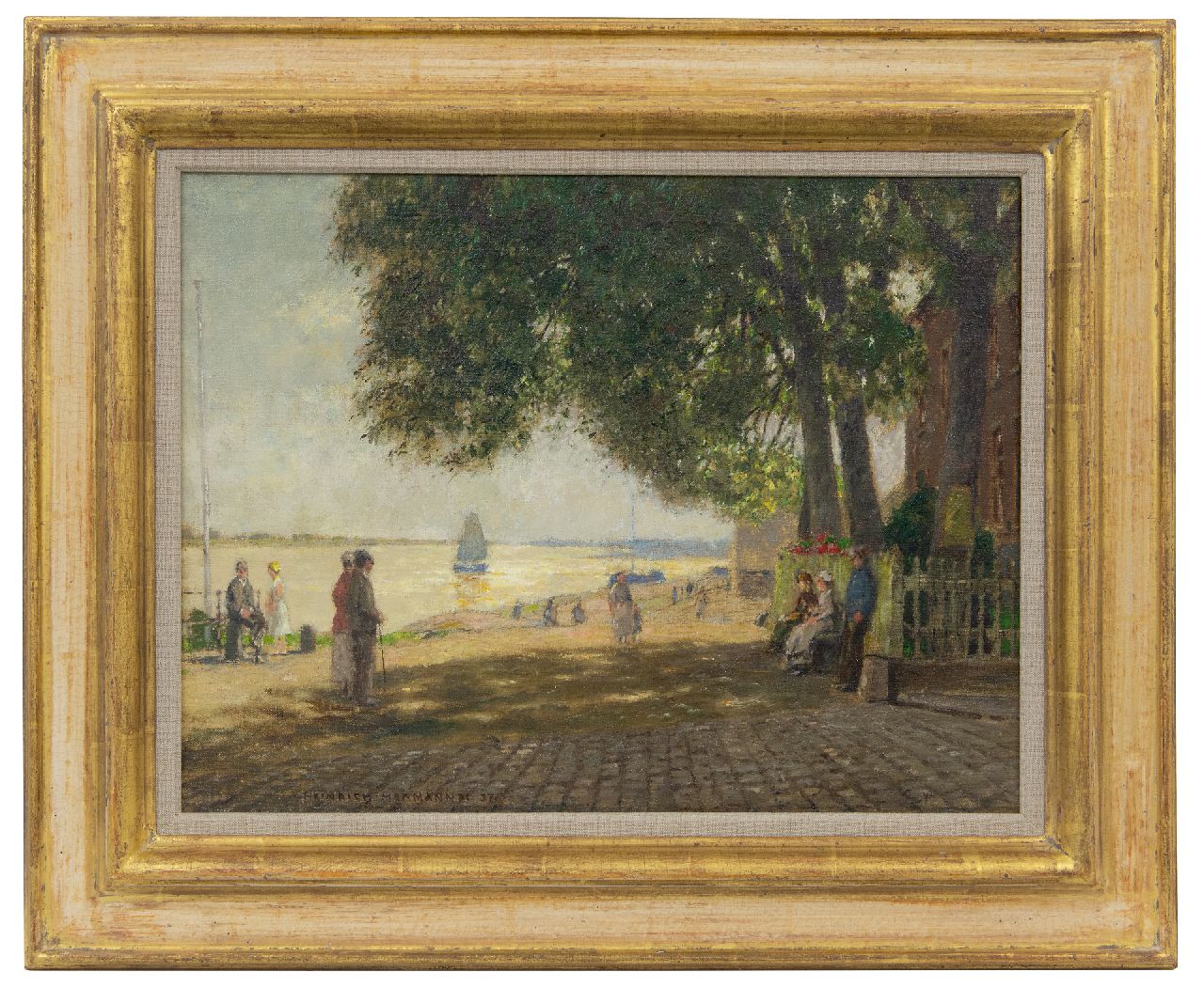 Hermanns H.  | Heinrich Hermanns | Paintings offered for sale | At the 'krantor' in Rees on the river Rhine, oil on canvas 35.4 x 46.3 cm, signed l.l. and dated '37