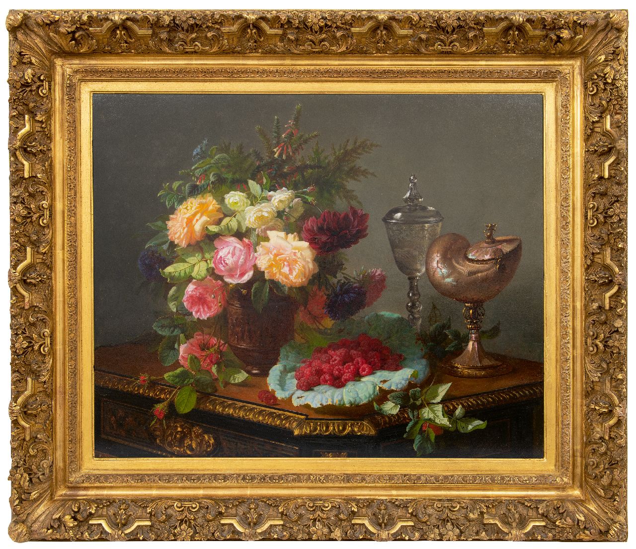Robie J.B.  | Jean-Baptiste Robie, A still life with roses, fruits and a nautilus cup, oil on panel 63.0 x 77.8 cm, signed l.r.