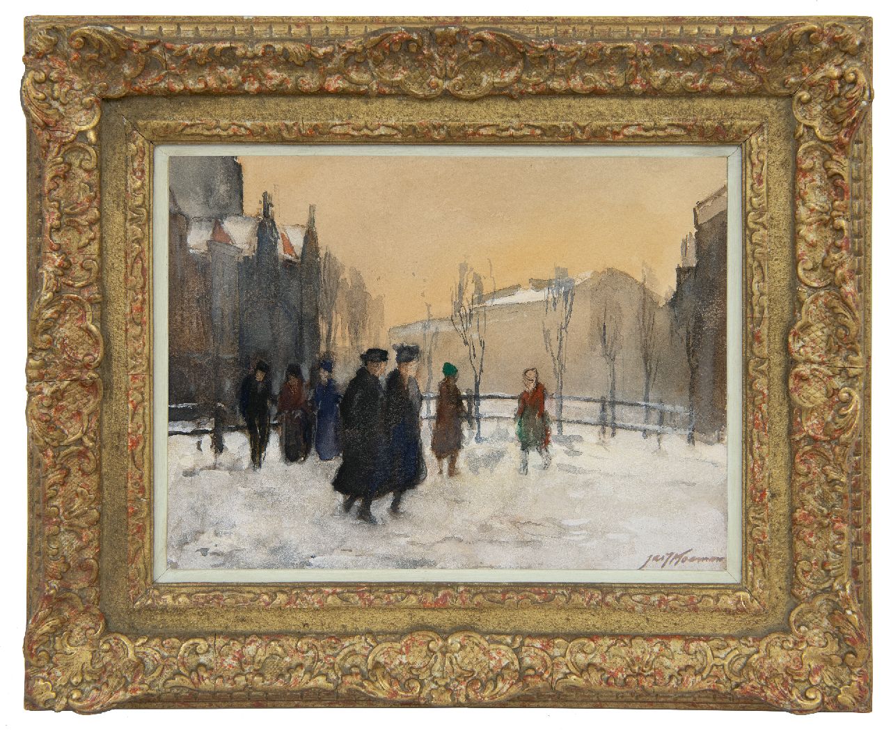 Koeman J.J.  | Jacobus Jan 'Jac. J.' Koeman, Figures in the snow, Amsterdam, watercolour on paper 19.2 x 25.4 cm, signed l.r.