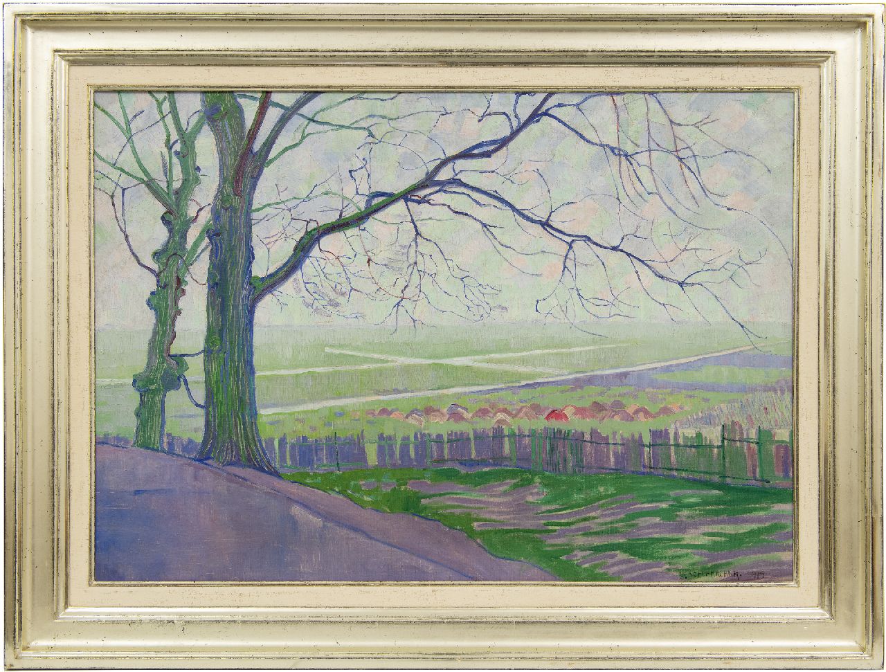 Schuhmacher W.G.C.  | Wijtze Gerrit Carel 'Wim' Schuhmacher | Paintings offered for sale | Landscape near Hillegersberg with trees in the foreground, oil on canvas 56.5 x 80.7 cm, signed l.r. and dated 1915