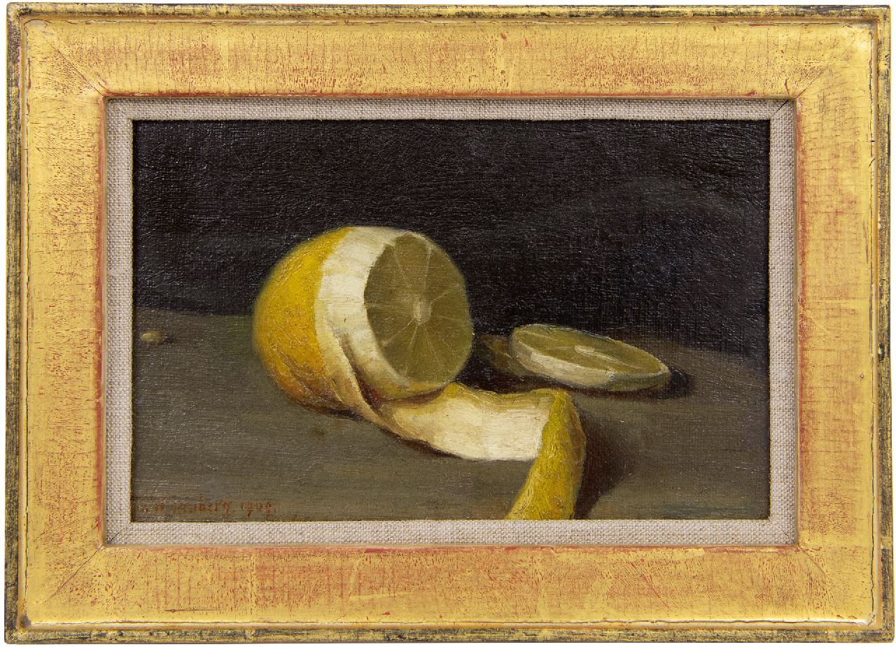 Wittenberg J.H.W.  | 'Jan' Hendrik Willem Wittenberg, Still life with a lemon, oil on canvas laid down on board 11.5 x 18.0 cm, signed l.l. and dated 1909