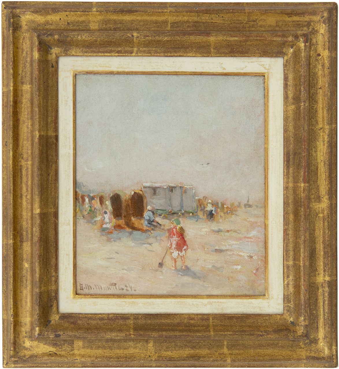 Munthe G.A.L.  | Gerhard Arij Ludwig 'Morgenstjerne' Munthe, Bathers and fisher folk on the beach, oil on canvas 22.6 x 19.5 cm, signed l.l. and dated '24
