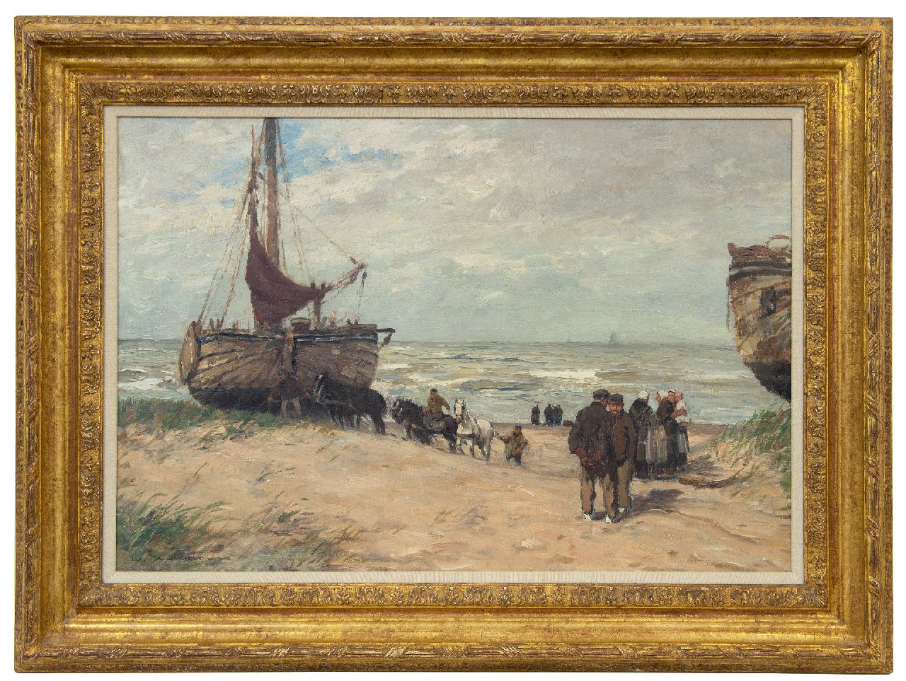Hambüchen W.  | Wilhelm Hambüchen, Fishing barges and fisherfolk on the beach of Katwijk, oil on canvas 50.0 x 75.0 cm, signed l.l.