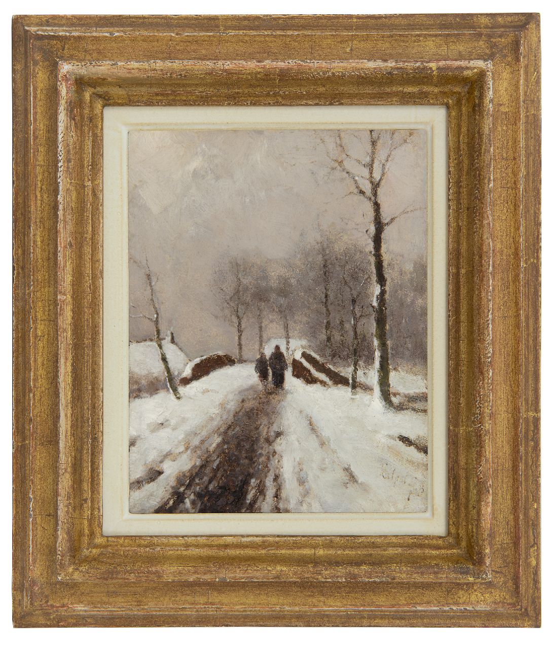 Apol L.F.H.  | Lodewijk Franciscus Hendrik 'Louis' Apol, Figures on a snowy path, oil on panel 19.0 x 14.9 cm, signed l.r. and dated '75