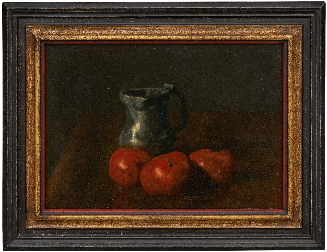 Jungmann M.J.B.  | 'Maarten' Johannes Balthasar Jungmann | Paintings offered for sale | A still life with a pewter jug and tomatoes, oil on panel 23.7 x 32.9 cm, signed l.l.