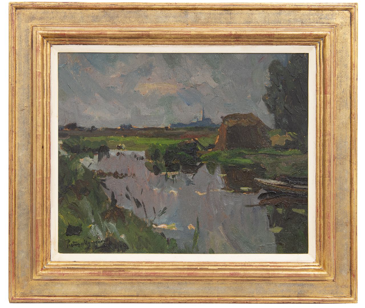 Wijngaerdt P.T. van | Petrus Theodorus 'Piet' van Wijngaerdt, A polder landscape, oil on board 37.7 x 46.8 cm, signed l.l. and dated 1904