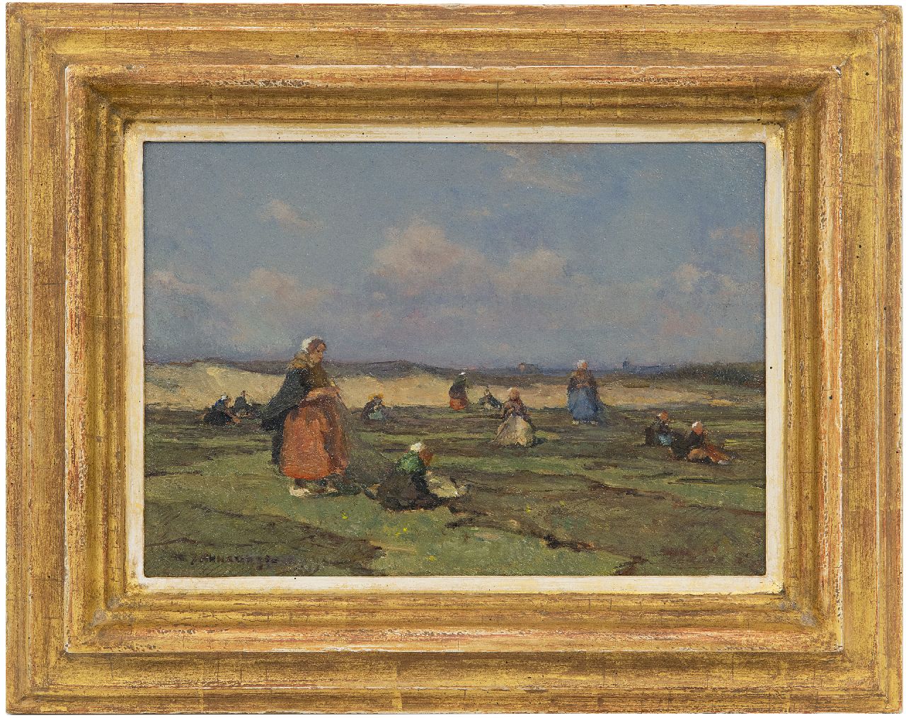 Akkeringa J.E.H.  | 'Johannes Evert' Hendrik Akkeringa, Mending fishing nets in the dunes, oil on panel 17.2 x 24.3 cm, signed l.l.