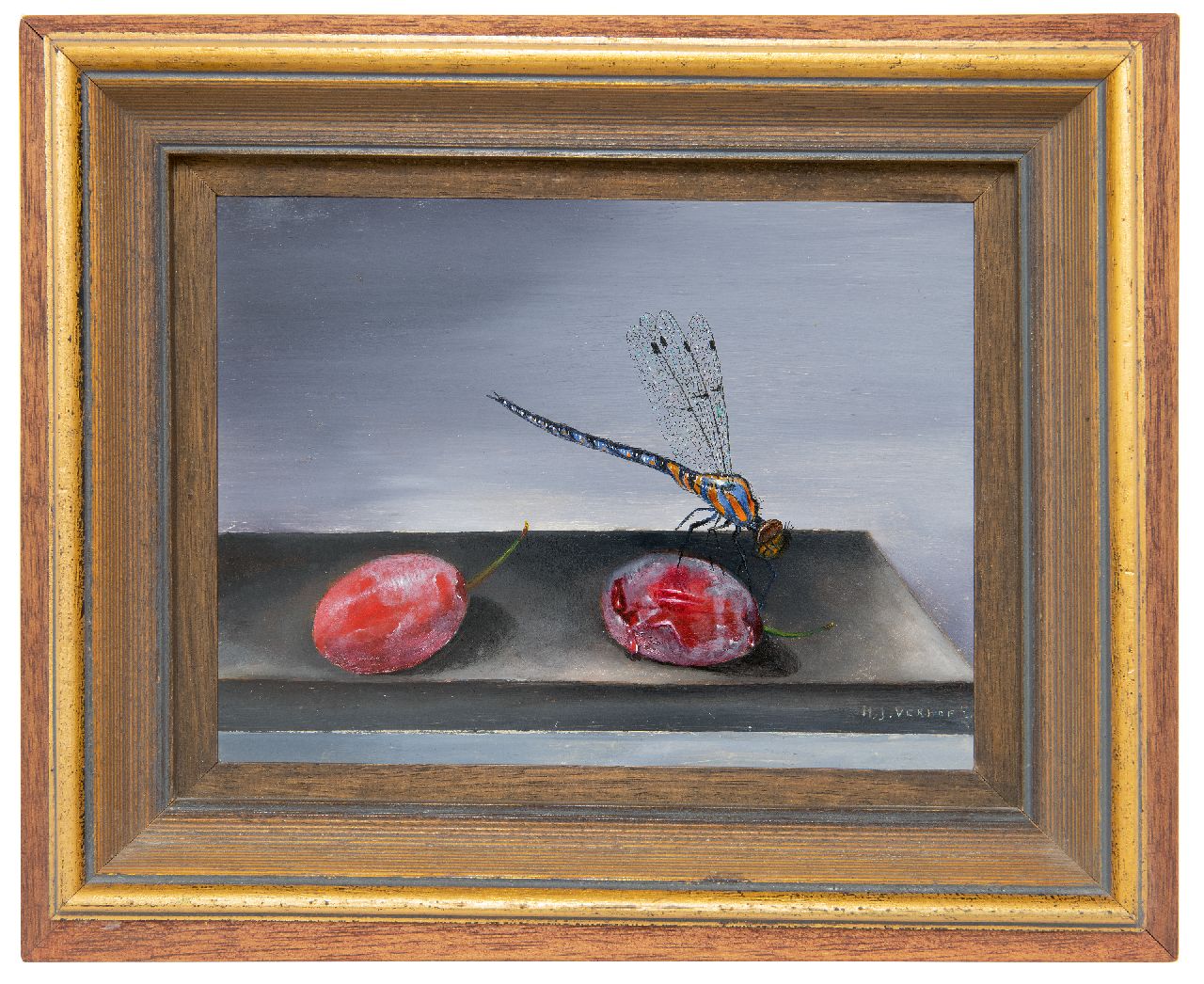 Verhoef H.  | Hans Verhoef | Paintings offered for sale | A dragonfly and red prunes, oil on zinc 16.0 x 21.0 cm, signed l.r.