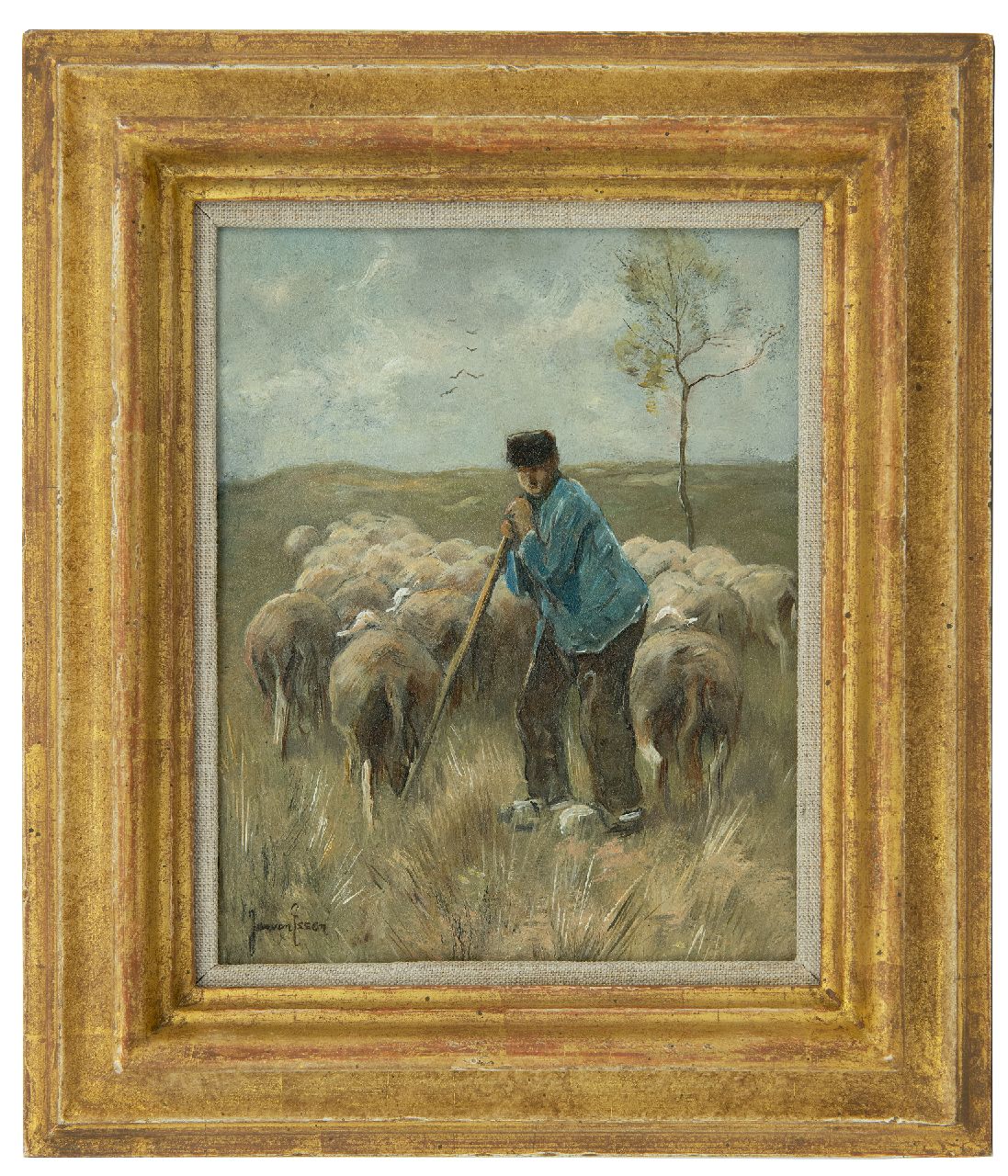 Essen J.C. van | Johannes Cornelis 'Jan' van Essen, A shepherd with his flock, oil on copper 20.0 x 16.0 cm, signed l.l.