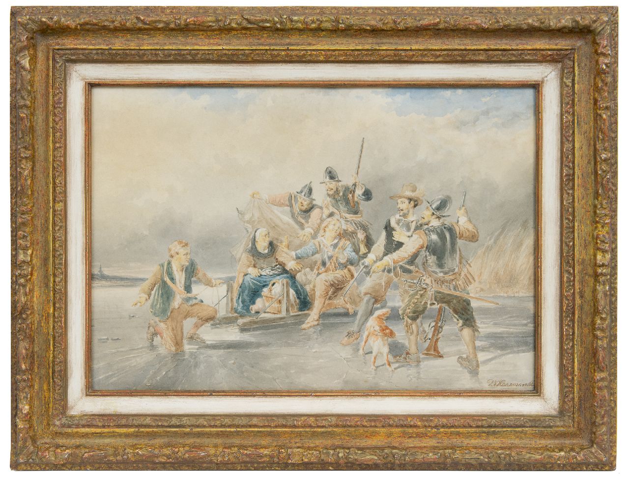 Haaxman P.A.  | Pieter Alardus Haaxman, The escape of Lambert Melisz mother during the Eighty Years' War, watercolour on paper 33.7 x 50.8 cm, signed l.r. and dated '66