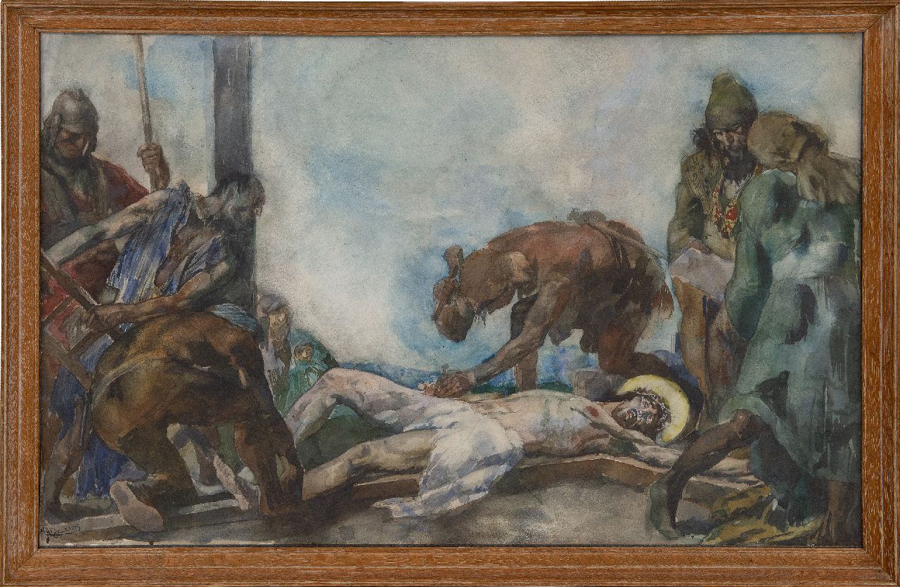 Jurres J.H.  | Johannes Hendricus Jurres, The crucifixion of Christ, watercolour on paper 39.3 x 61.4 cm, signed l.l.