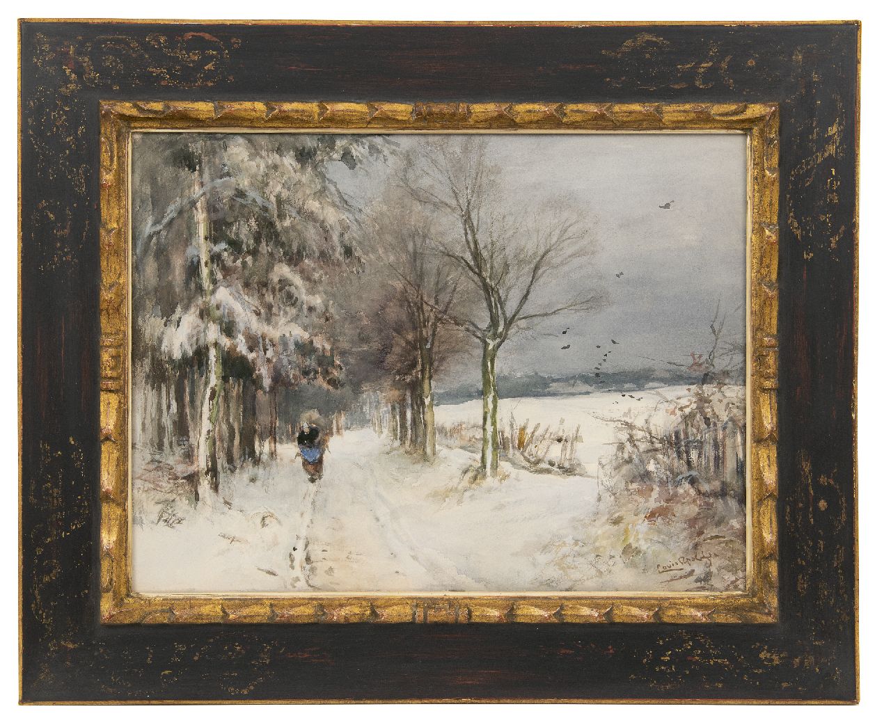 Apol L.F.H.  | Lodewijk Franciscus Hendrik 'Louis' Apol | Watercolours and drawings offered for sale | A snowy landscape with a wood gatherer, watercolour and gouache on paper 40.1 x 53.1 cm, signed l.r.