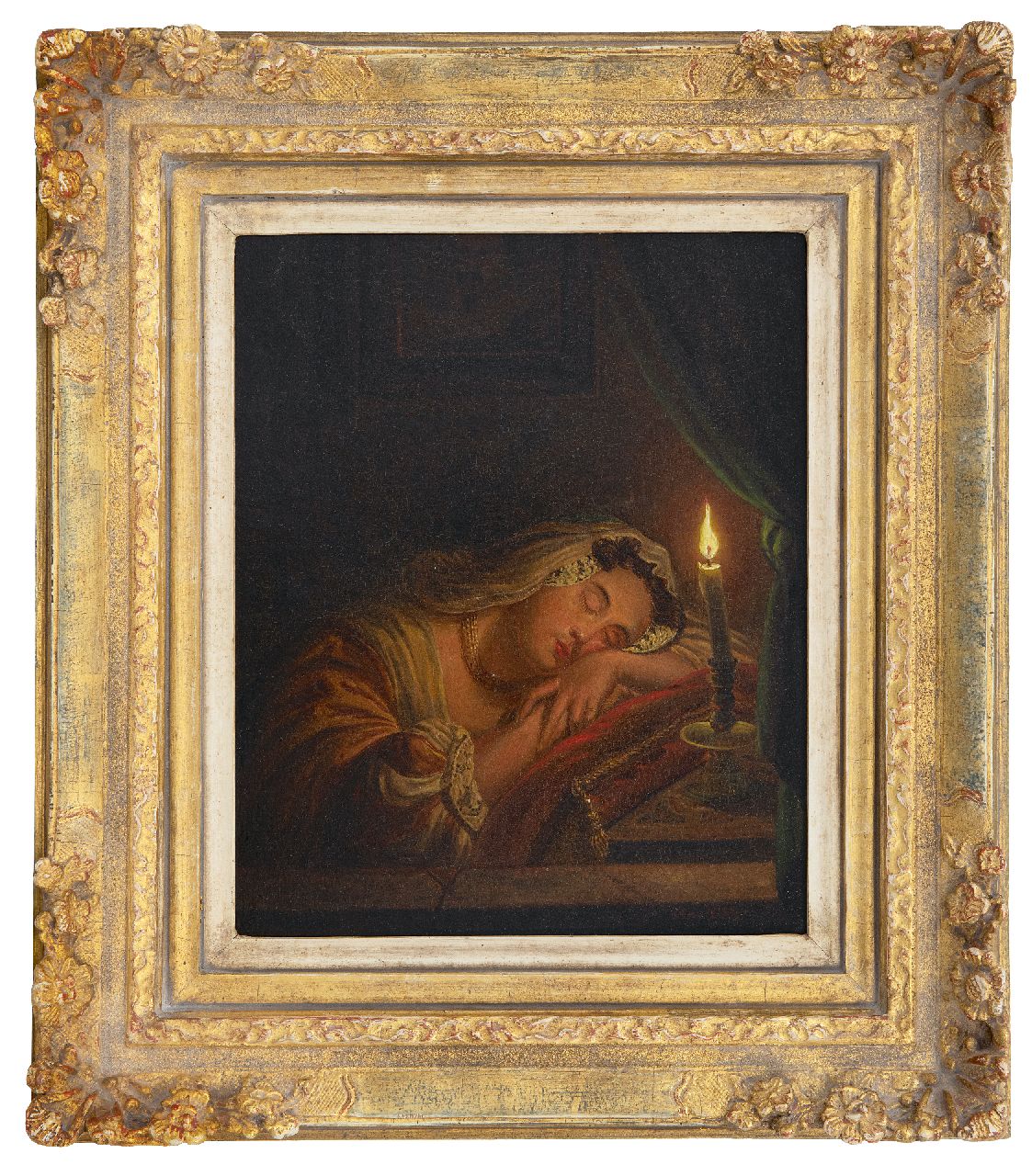 Thans W.  | Willem Thans | Paintings offered for sale | Sleeping woman by candle light, oil on panel 25.6 x 20.2 cm, signed l.r. and dated 1845