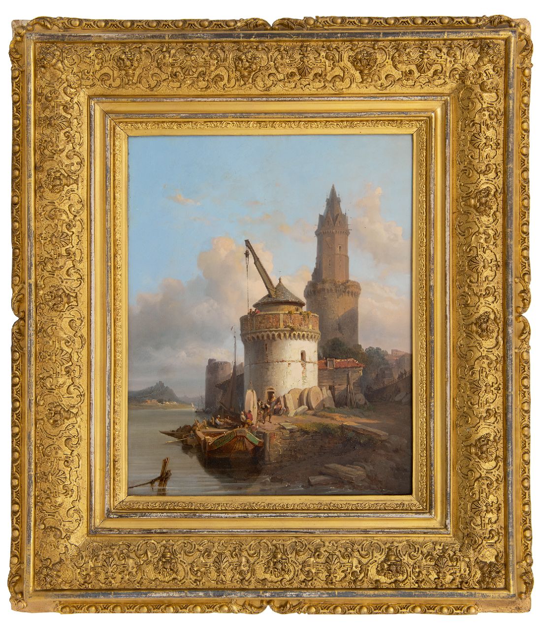 Bossuet F.A.  | François Antoine Bossuet, Loading millstones in Andernach on the Rhine, oil on panel 39.5 x 31.0 cm, signed on the prow of the ship