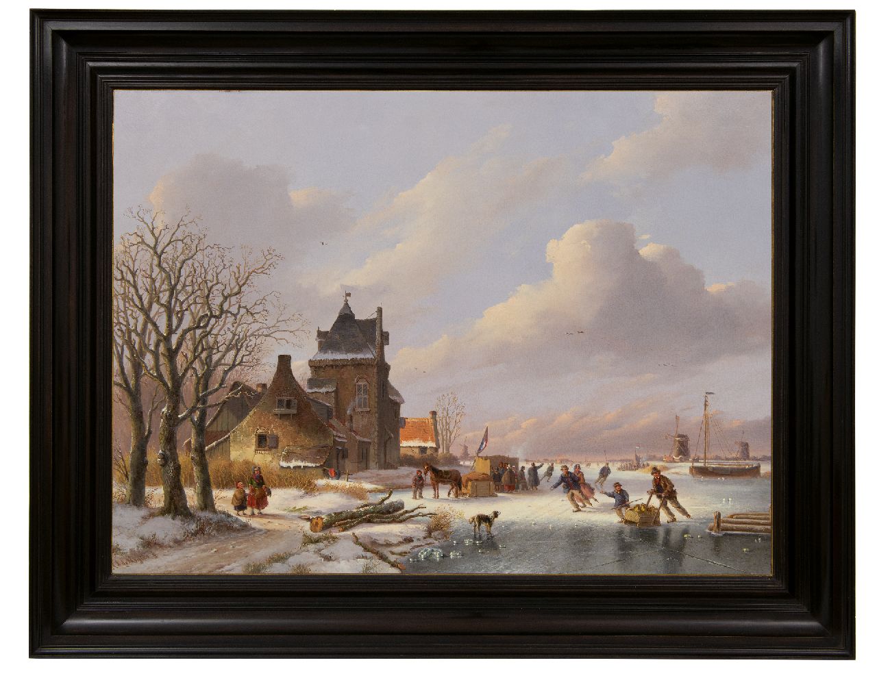 Meijier A.A. de | Anthony Andreas de Meijier, A winter landscape with skaters and a koek-en-zopie, oil on panel 53.5 x 72.9 cm, signed l.l.