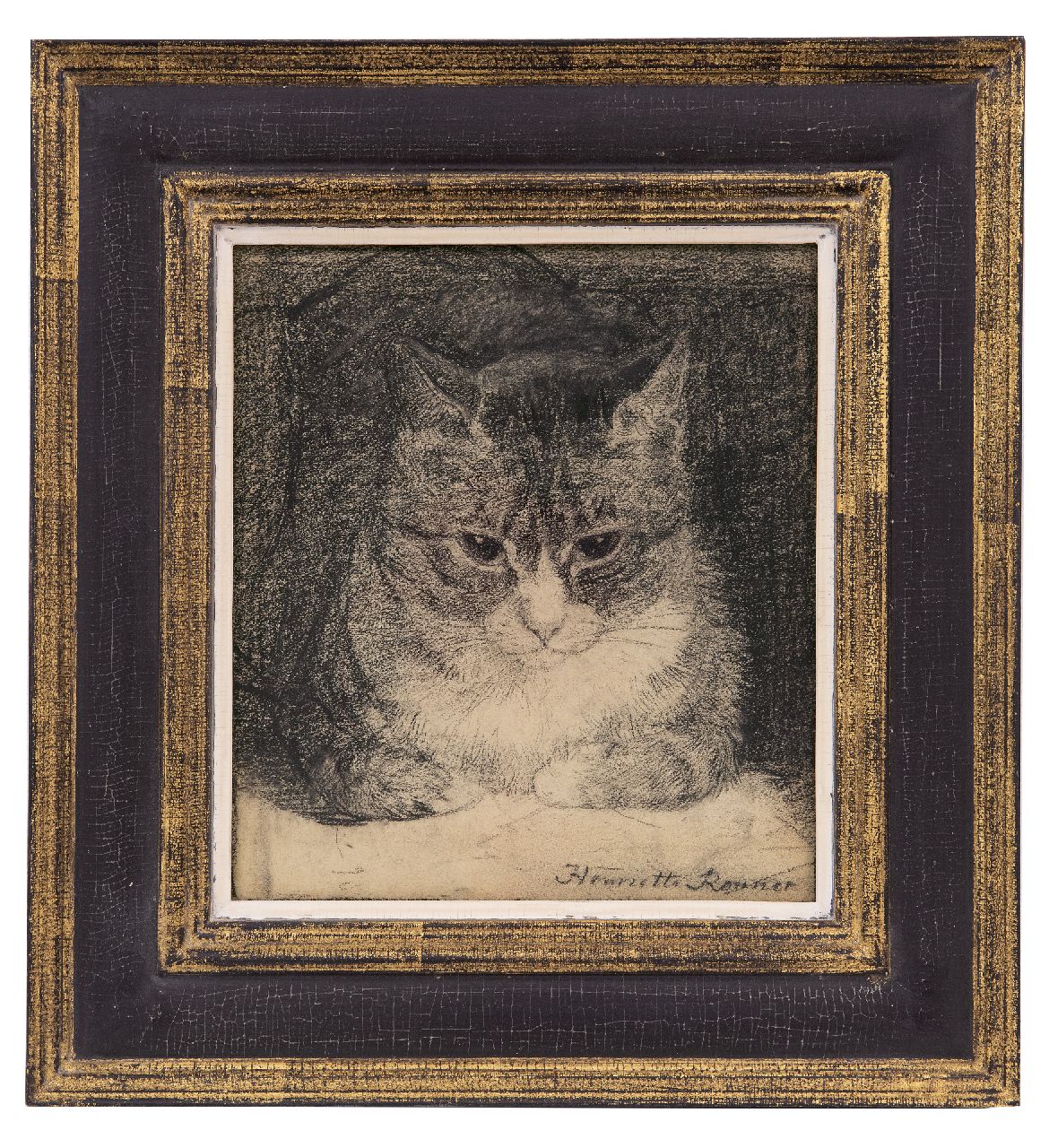 Ronner-Knip H.  | Henriette Ronner-Knip, Portrait of a cat, charcoal on paper 25.2 x 23.5 cm, signed l.r.