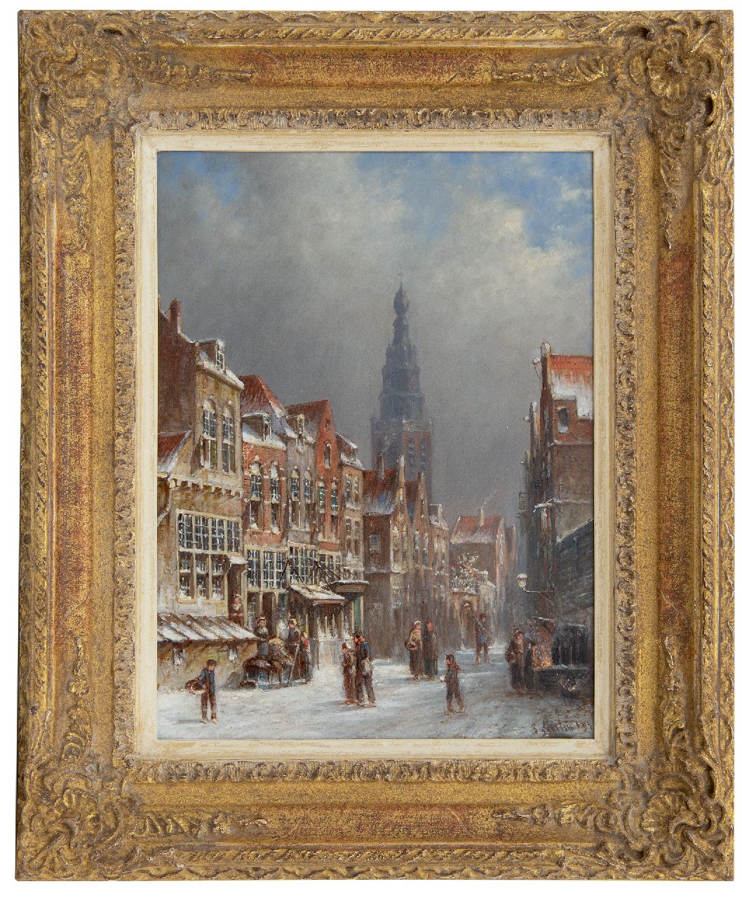 Vertin P.G.  | Petrus Gerardus Vertin, A snowy Dutch street scene, oil on panel 35.7 x 27.0 cm, signed l.r. and dated '93