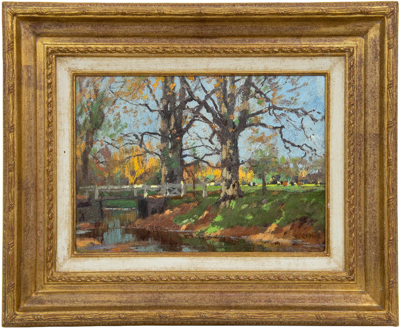 Gorter A.M.  | 'Arnold' Marc Gorter | Paintings offered for sale | Sunlit trees near a ditch (at Het Loo), oil on panel 26.0 x 36.6 cm, signed l.r. and painted ca. 1920