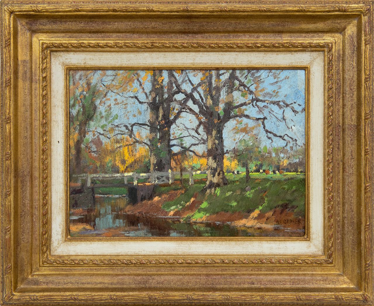 Gorter A.M.  | 'Arnold' Marc Gorter | Paintings offered for sale | Sunlit trees near a ditch (at Het Loo), oil on panel 26.0 x 36.6 cm, signed l.r. and painted ca. 1920