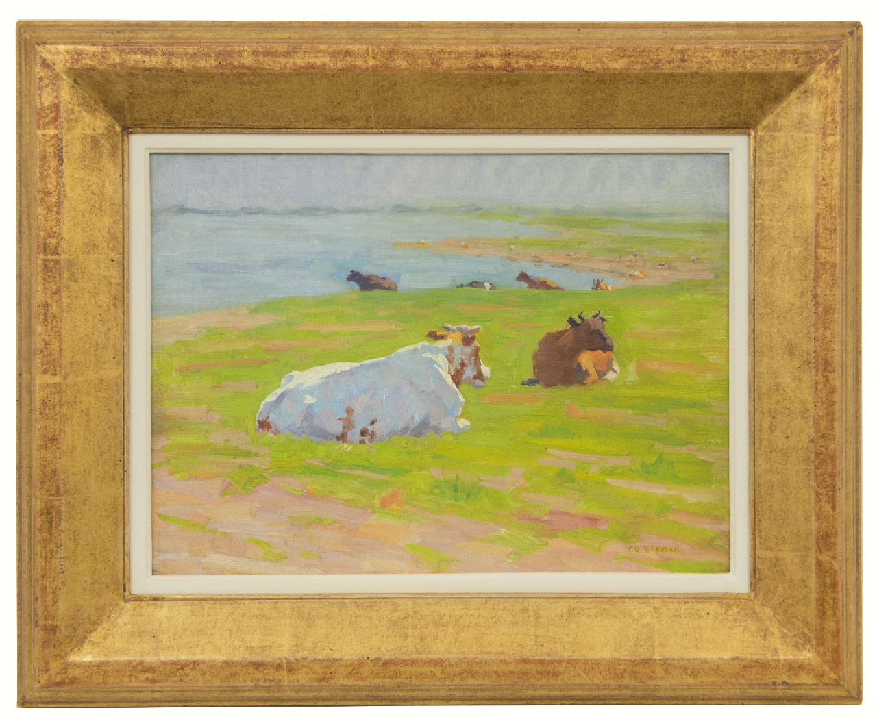 Breman A.J.  | Ahazueros Jacobus 'Co' Breman, Cattle in a meadow (along the river IJssel), oil on canvas 28.2 x 38.4 cm, signed l.r.