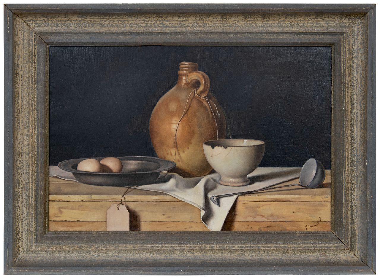 Ponsioen J.B.  | Johannes Bernardus 'Johan' Ponsioen, A still life with eggs, a white bowl and stoneware jug, oil on canvas 40.3 x 60.3 cm, signed l.r.