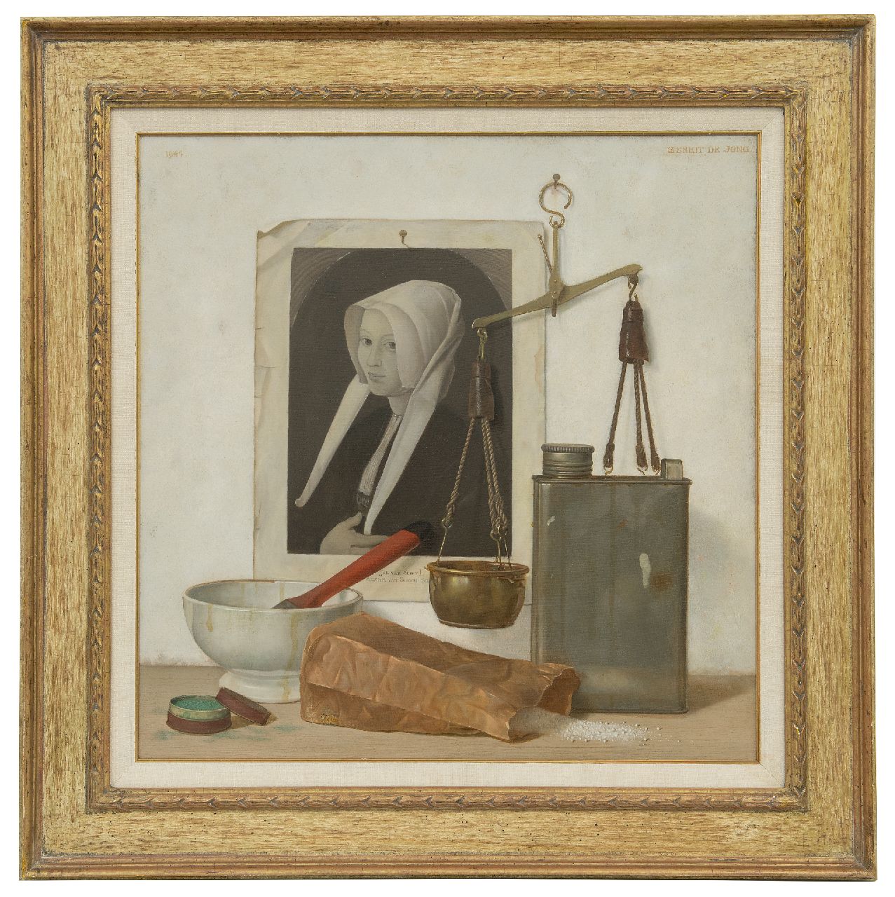 Jong G. de | Gerrit de Jong, A still life of a white bowl, a scale and a print of a painting by Jan Scorel, oil on canvas 50.3 x 50.3 cm, signed u.r. and dated 1944