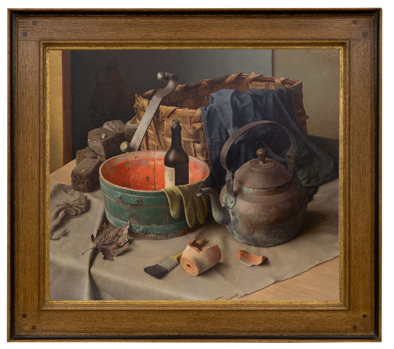 Tongeren J. van | Jan van Tongeren, Still life with a wicker basket, oil on canvas 65.2 x 75.2 cm, signed u.r. and dated 1947
