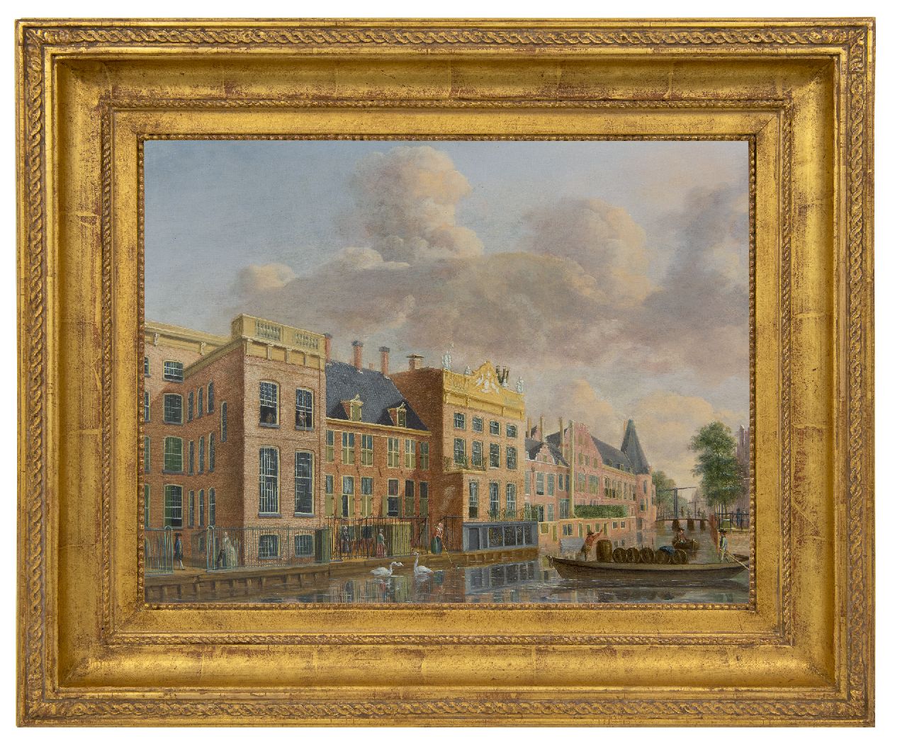 Compe J. ten | Jan ten Compe | Paintings offered for sale | A view of the river Amstel with houses on the Nieuwe Doelenstraat and the Kloverniersdoelen, Amsterdam, oil on panel 32.6 x 42.6 cm
