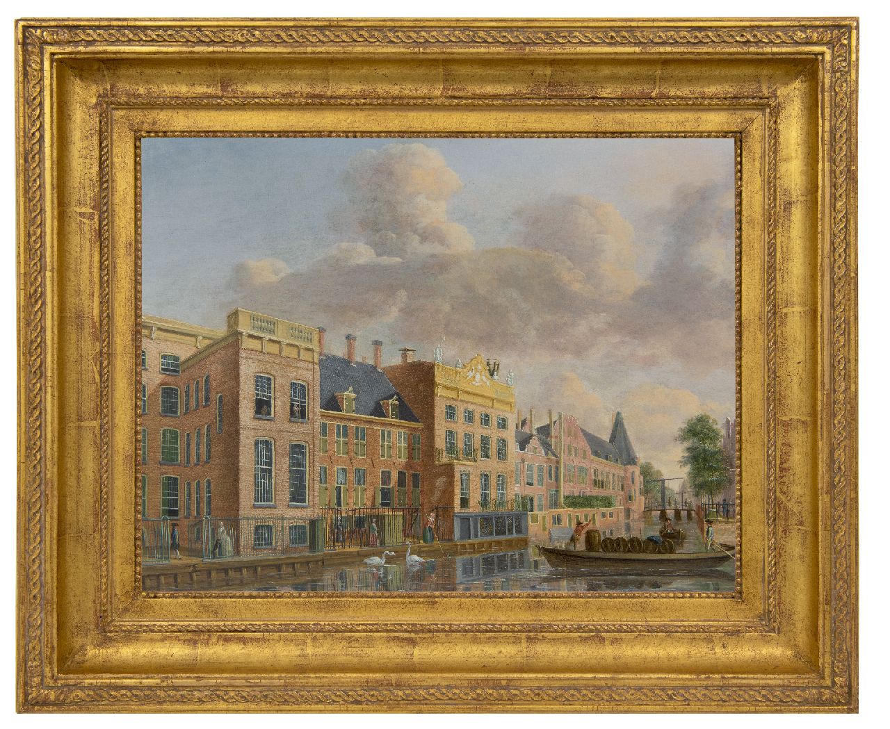Compe J. ten | Jan ten Compe | Paintings offered for sale | A view of the river Amstel with houses on the Nieuwe Doelenstraat and the Kloverniersdoelen, Amsterdam, oil on panel 32.6 x 42.6 cm, signed with initials on wall bottom right