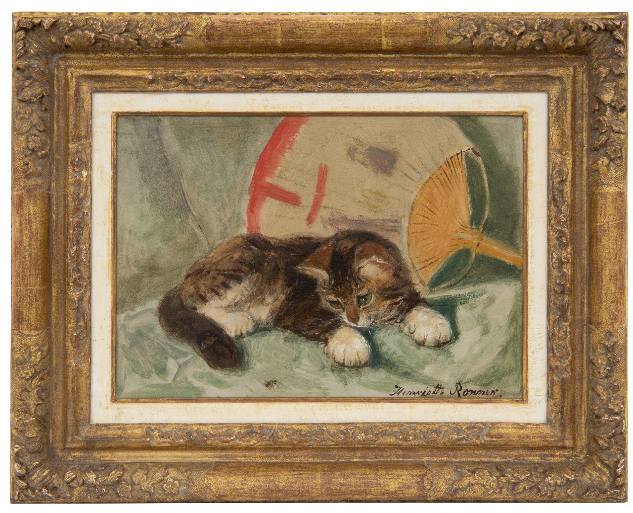 Ronner-Knip H.  | Henriette Ronner-Knip, A kitten observing a fly, oil on paper laid down on board 21.8 x 31.2 cm, signed l.r.
