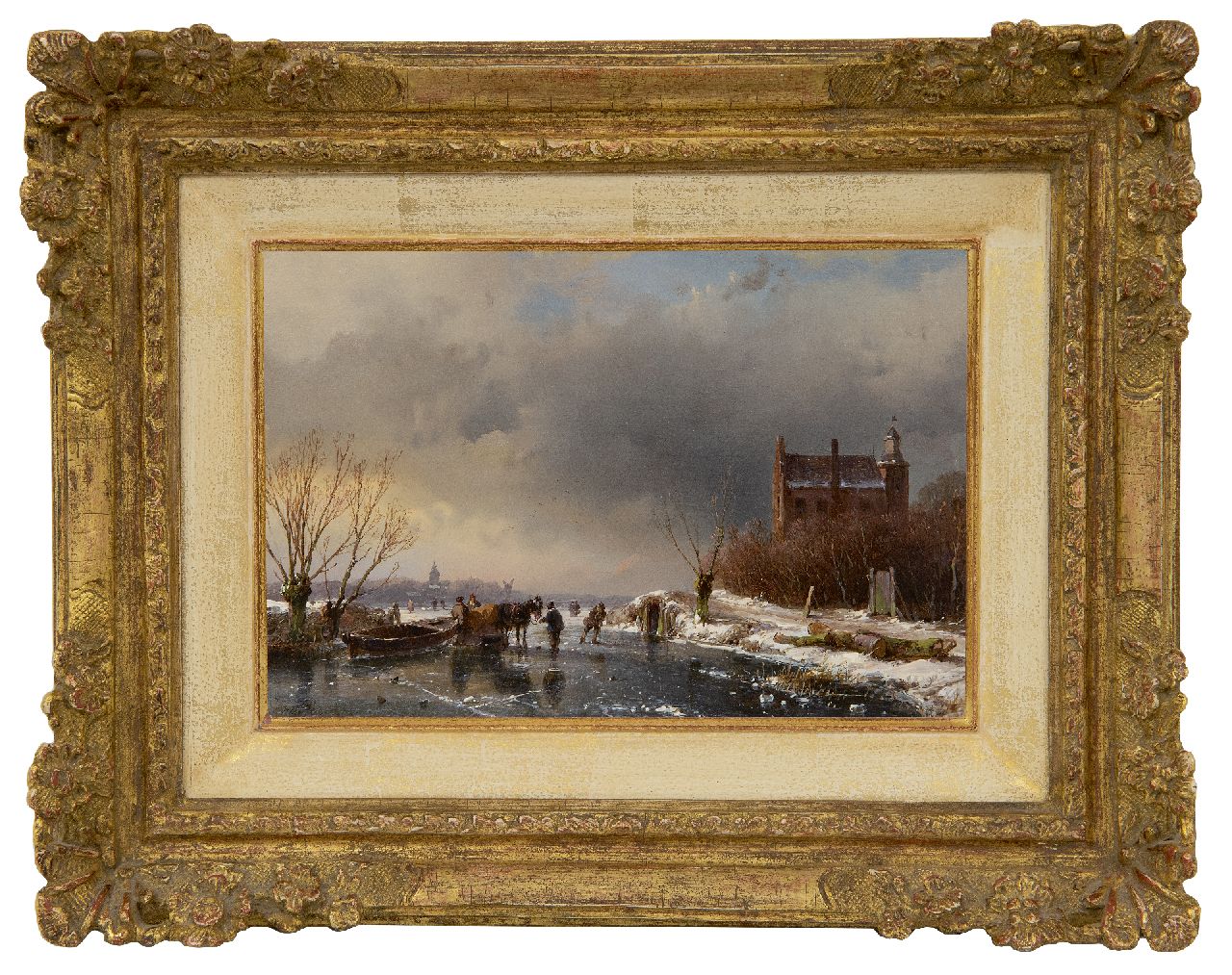 Schelfhout A.  | Andreas Schelfhout, A frozen waterway near a castle, oil on panel 15.3 x 22.7 cm, signed l.l. and dated '51