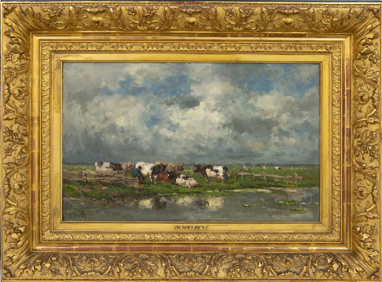 Roelofs W.  | Willem Roelofs, Milking time, oil on canvas 37.3 x 58.4 cm, signed l.l. and painted ca. 1886