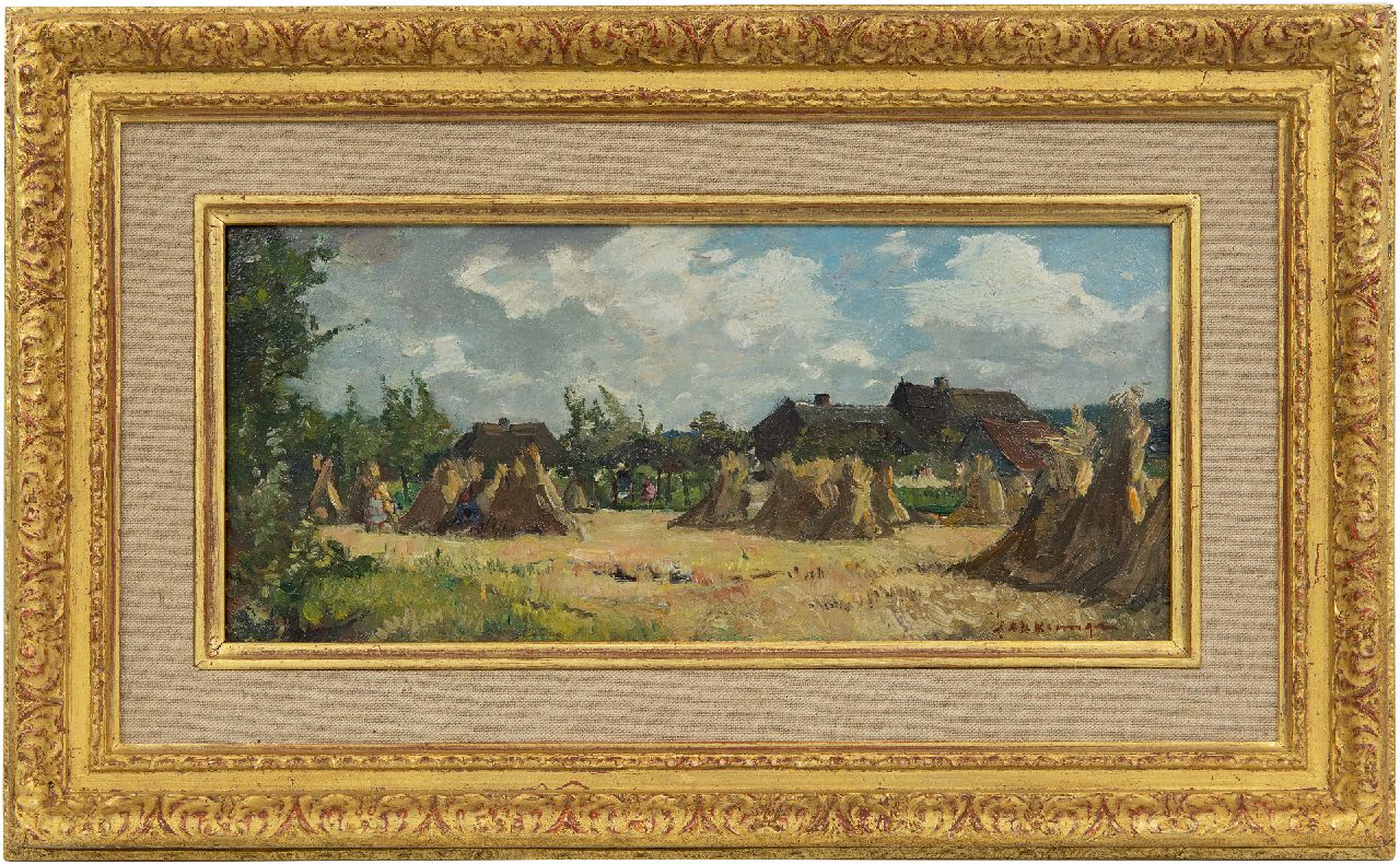 Akkeringa J.E.H.  | 'Johannes Evert' Hendrik Akkeringa | Paintings offered for sale | Children playing between wheat sheaves, oil on panel 12.1 x 27.1 cm, signed l.r.