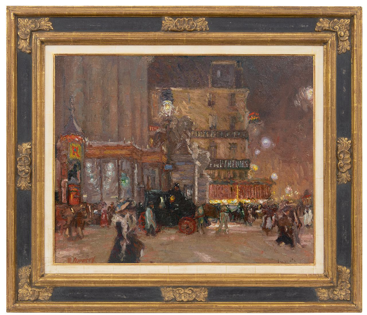 Niekerk M.J.  | 'Maurits' Joseph Niekerk | Paintings offered for sale | A night out in Brussels at the Place de la Bourse, oil on canvas laid down on panel 55.9 x 70.0 cm, signed l.l. and painted ca. 1903-1908