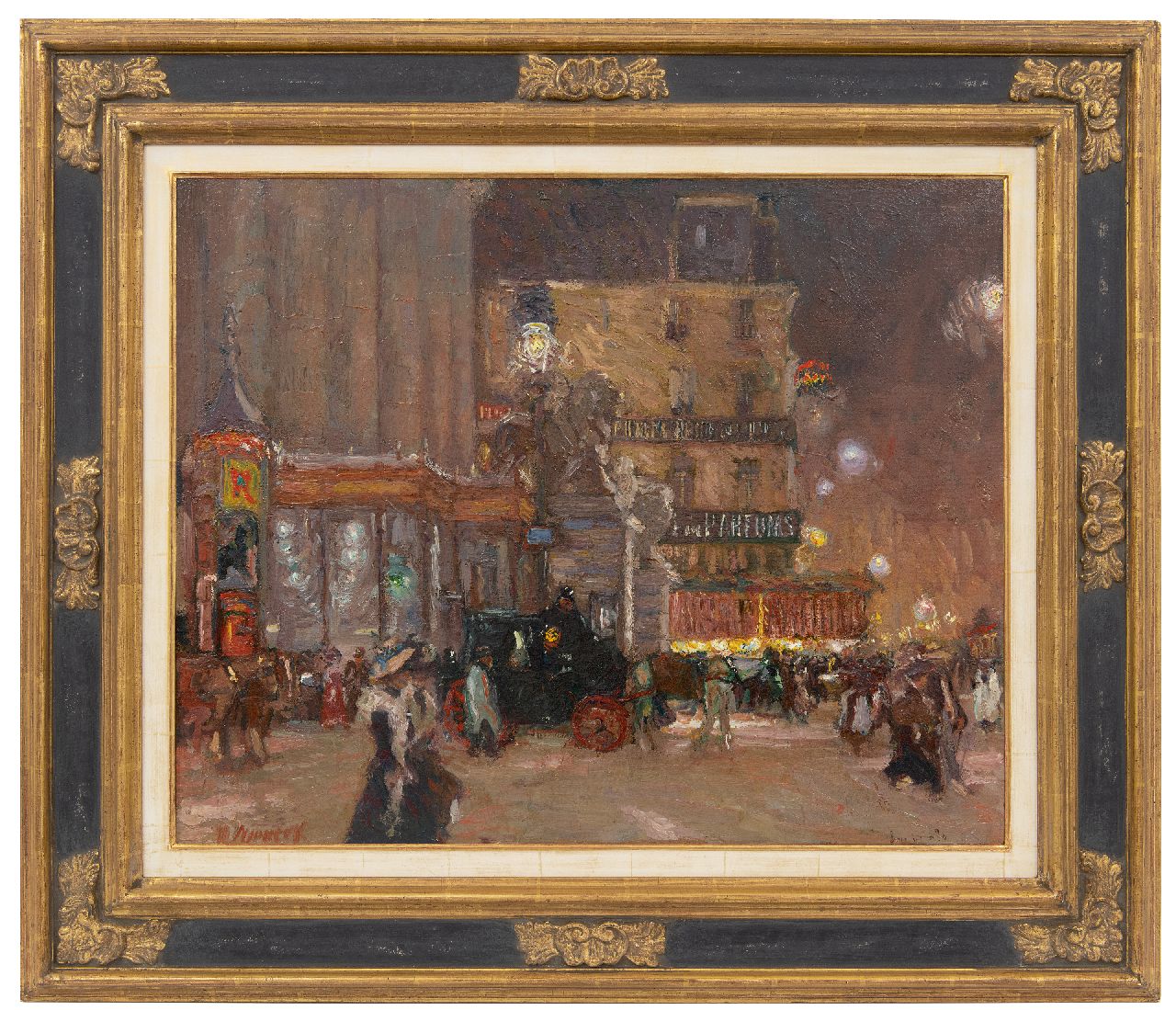 Niekerk M.J.  | 'Maurits' Joseph Niekerk, A night out in Brussels at the Place de la Bourse, oil on canvas laid down on panel 55.9 x 70.0 cm, signed l.l. and painted ca. 1903-1908