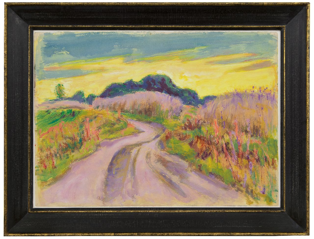 Altink J.  | Jan Altink, Country road with yellow sky; on the reverse: Wooded path, gouache on paper 56.0 x 78.4 cm